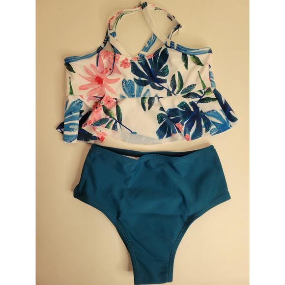 Toddler Girls Swimsuit Floral High Waist Bathing Suit Falbala Bikini Swimwear 2T - Picture 1 of 12